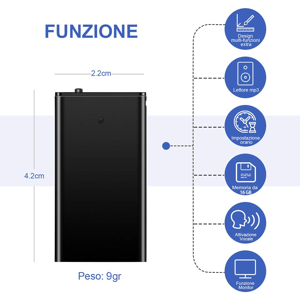 Registratore Vocale Portatile H+Y fino a 192 ore, 16GB Micro Registratore con Attivazione Vocale, Ricaricabile USB e funzioni MP3 Ideale per Conferenze, Riunioni, Interviste, Discorsi