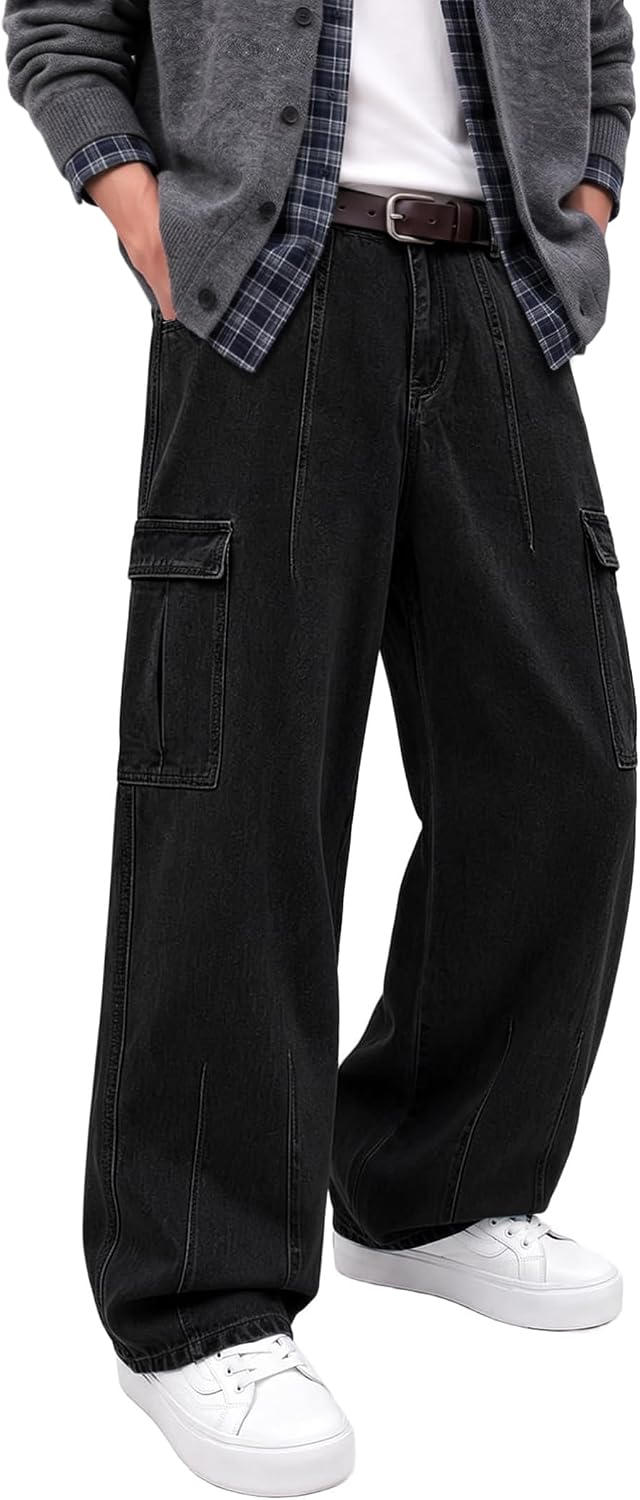 EMMIOL Cargo Baggy Jeans for Men, Pants Wide Leg, Relaxed Loose Fit Denim Y2K Straight Leg Streetwear Vintage