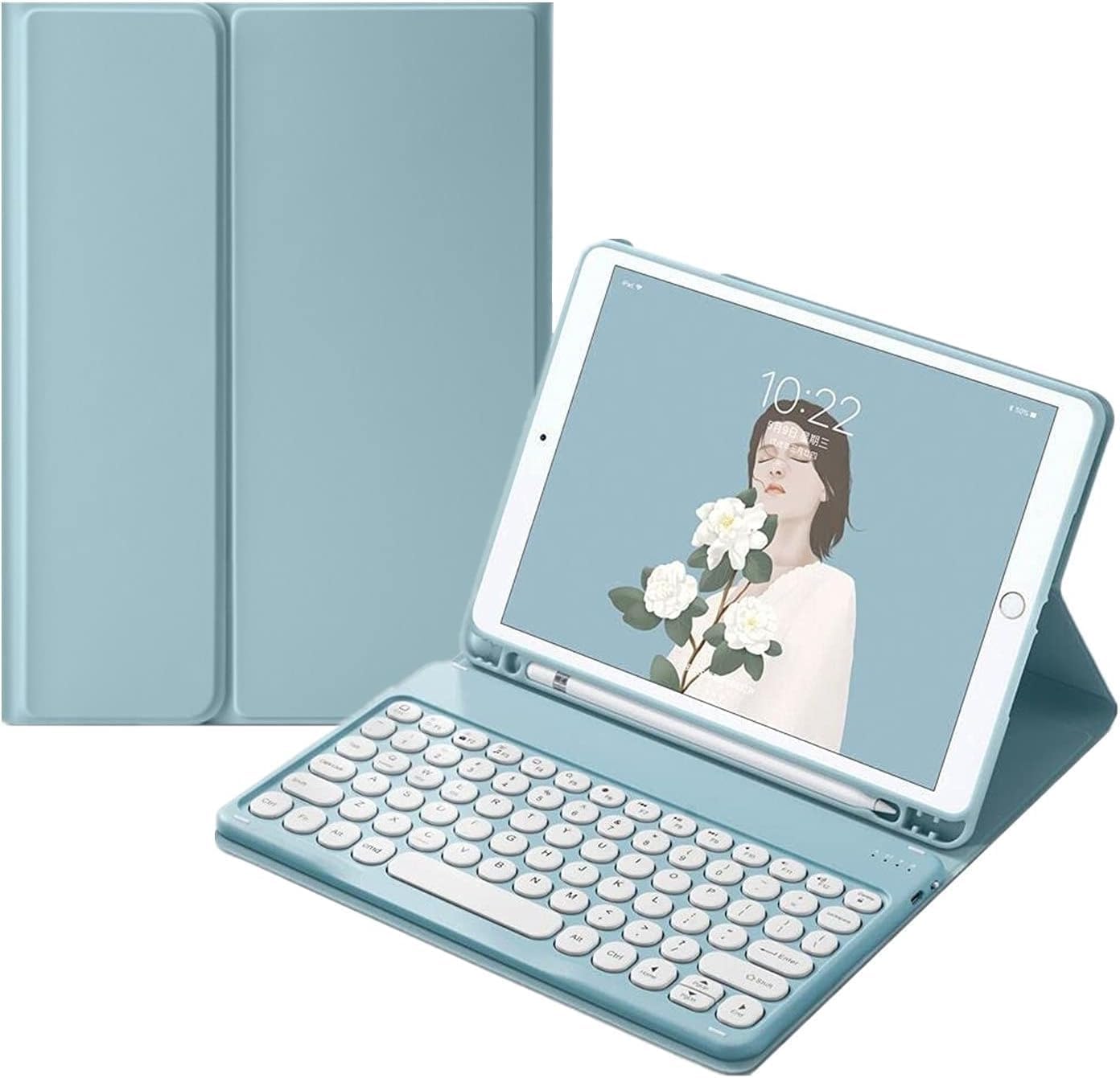 Keyboard Case for Amazon Kindle Fire HD 10&10 Plus (2021&2023) 10.1 inch with Pen Slot, Slim Round Key Cute Candy Color Magnetic Detachable Keyboard,Sky Blue