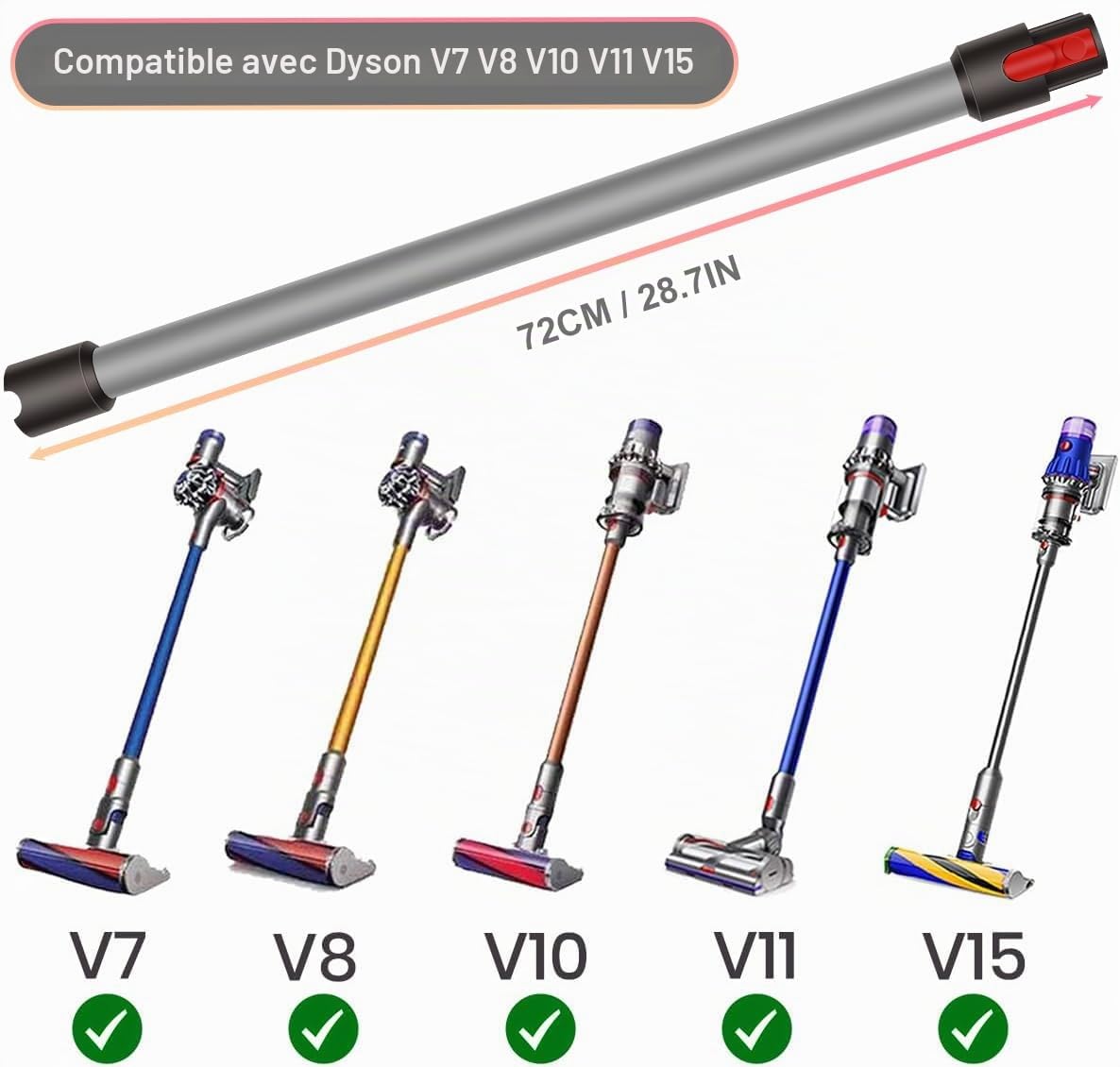 Tube Extension pour Dyson V15 V11 V10 V8 V7 Aspirateur, Pièces de Rechange pour Dyson, Tube Prolongateur Rallonge Accessoire, 73cm - Gris