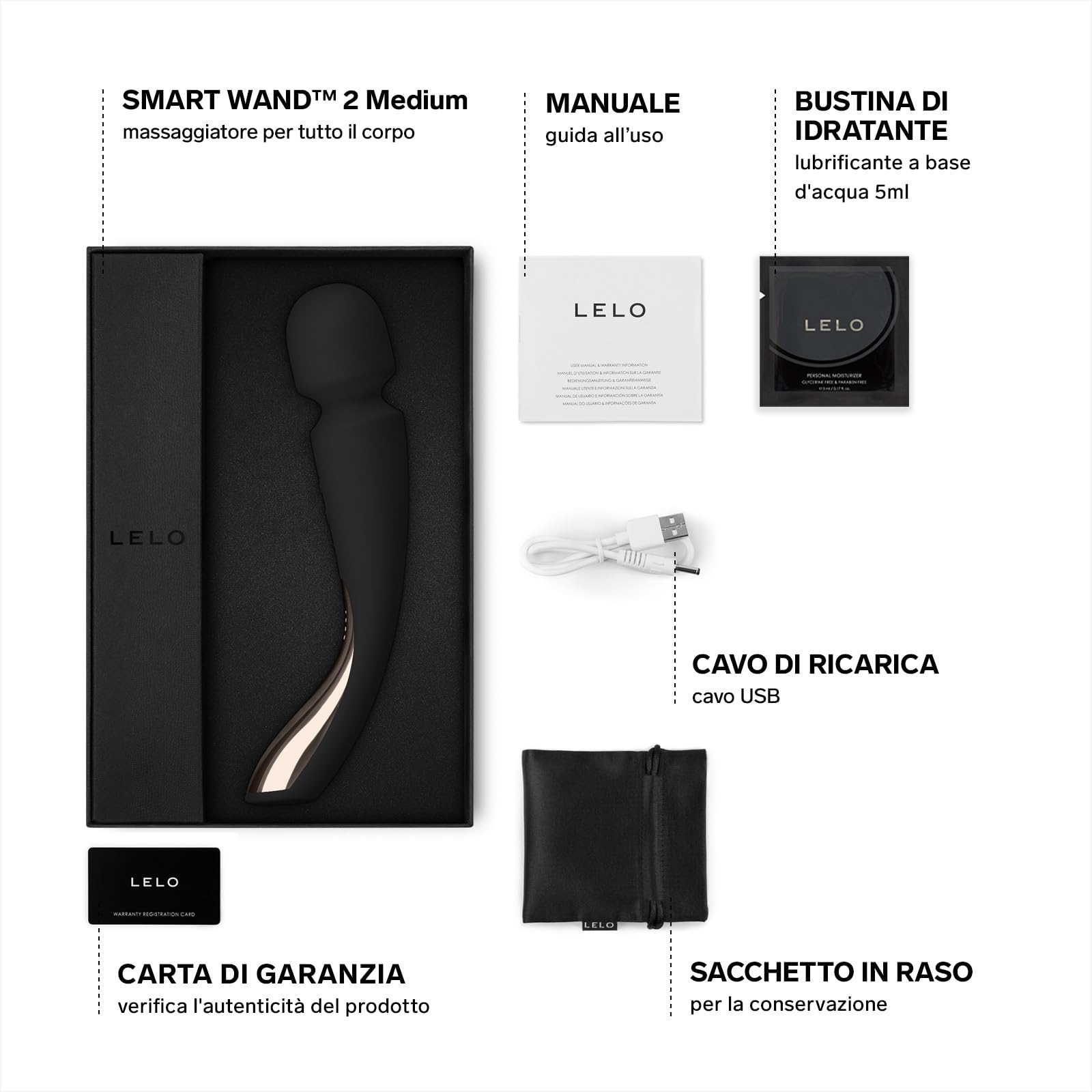 LELO SMART WAND 2 Medium Massaggiatore Wand, Massaggiatore per il Piacere e per Ridurre la Tensione, Magic Wand Impermeabile e Senza Fili. Vibratore Donna e Uomo Wireless, Black