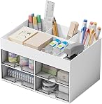 Organisateur de bureau avec tiroir, organisateur de maquillage, fournitures de bureau Caddy Stationary Accessoires Boîte de rangement Porte stylo de bureau pour le bureau et l'école (Blanc)