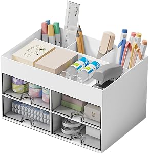 Desk Organizer with Drawer, Makeup Organizer, Office Supplies Caddy Stationary Accessories Storage Box Desktop Pen Holder for Home Office and School (White)