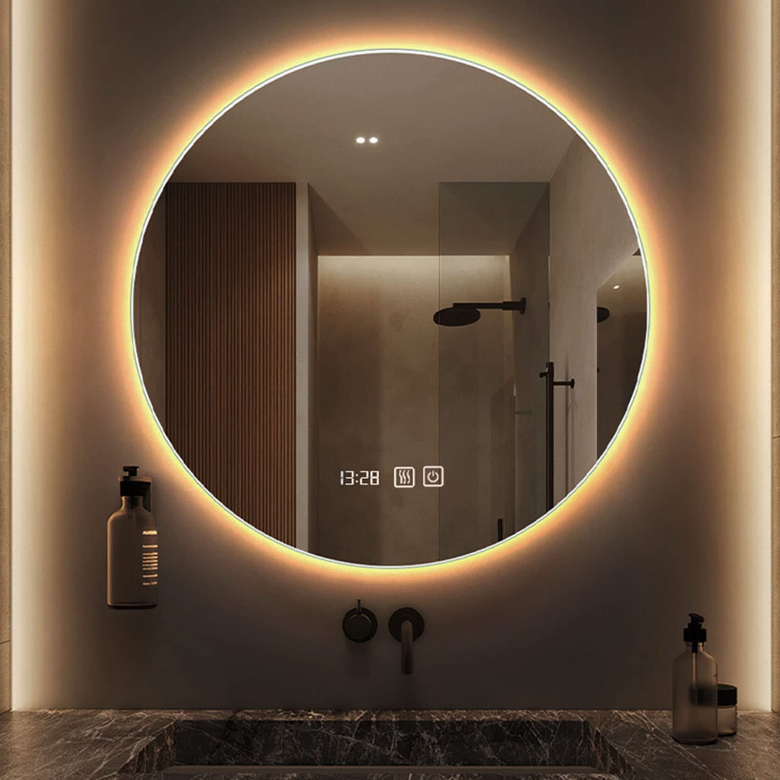 Specchio da Bagno a LED con Luce, Specchio cosmetico retroilluminato Illuminato Rotondo antiappannamento, Specchio per Trucco da Parete Circolare IP44 (Color : Time, Size : Warm Light 40cm