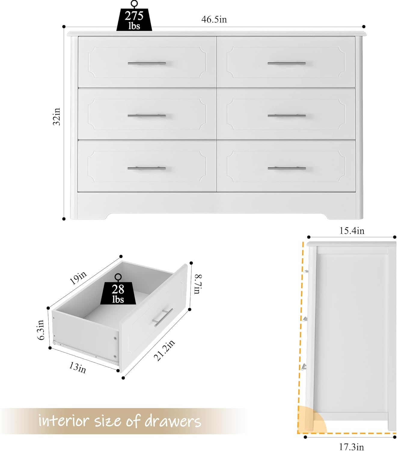 Dimensions and drawer interior size of the dresser