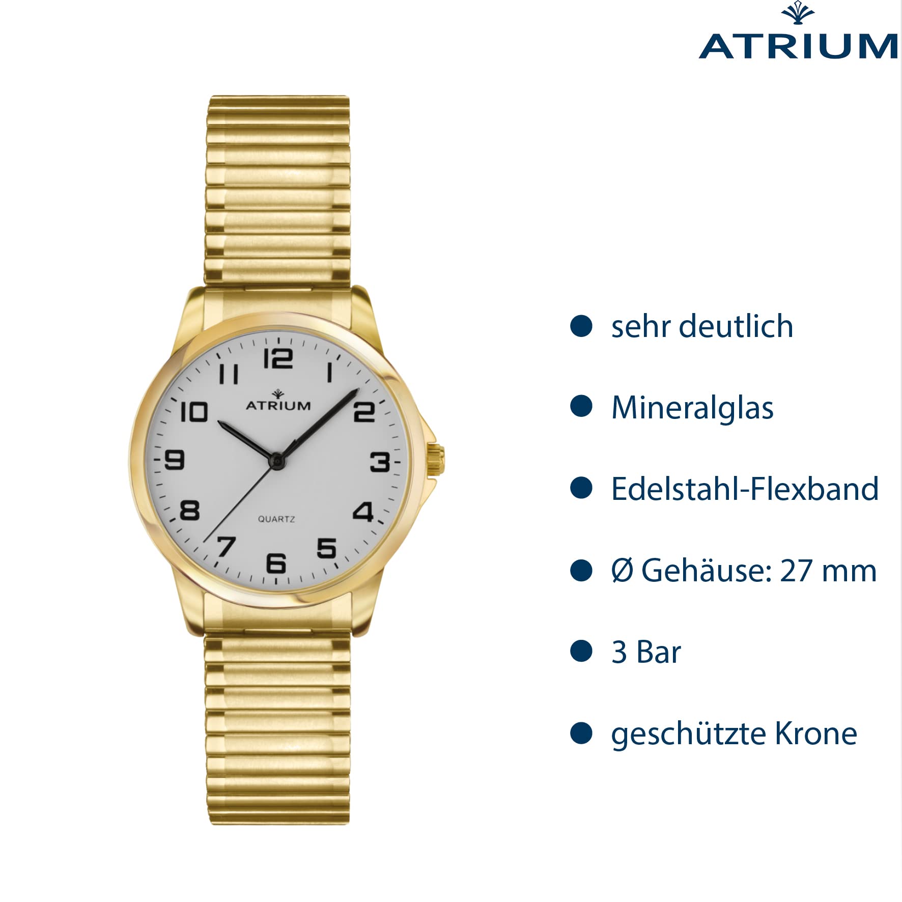 Atrium Damen-Armbanduhr Analog Quarz mit Edelstahl Zugband Flexband Goldfarben A37-60