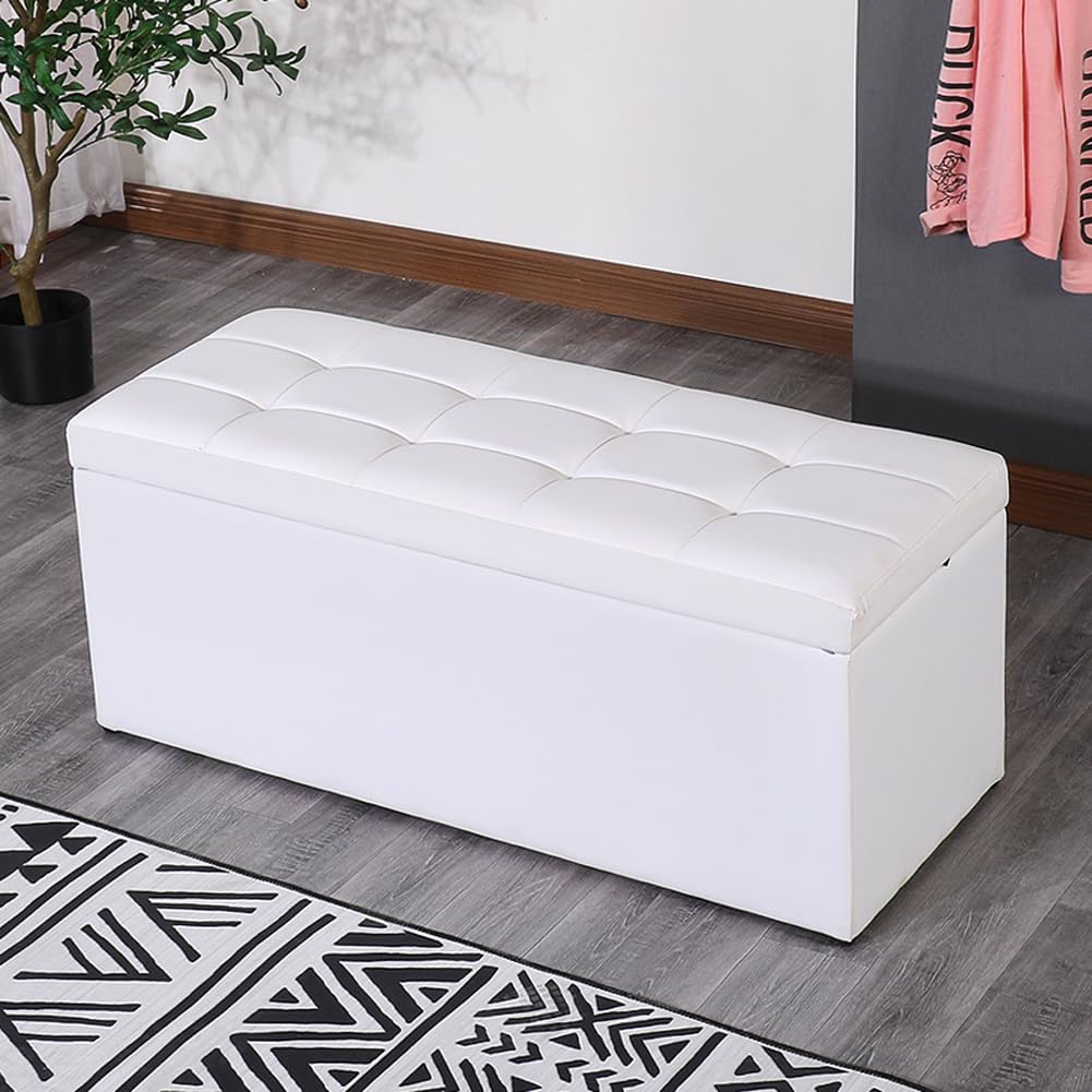 ZHANGshouf White Leather Storage Ottoman Bench Padded Entryway Seat with Large Storage Heavy Duty Upholstered Footrest Stool for Bedroom & Living Room (40cm)