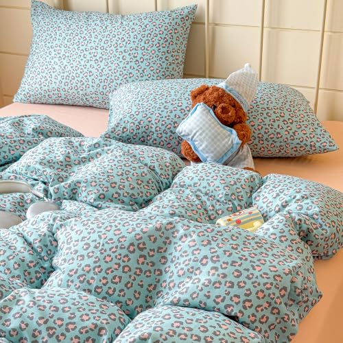 Image of VM VOUGEMARKET Leopard Duvet Cover Set Twin,Light Blue Pink,Muslin Cotton