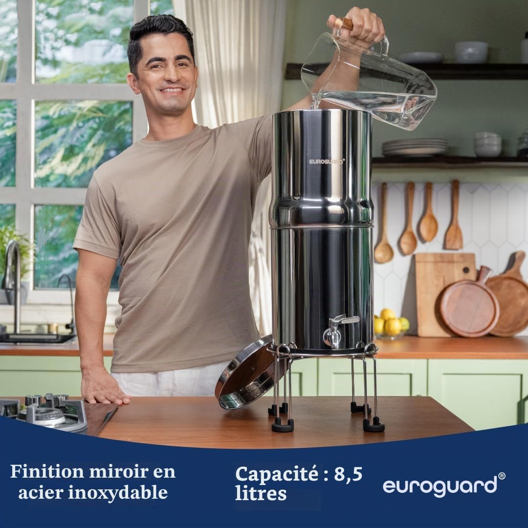Système de Filtration d’Eau par Gravité en Acier Inoxydable 304 | Avec Support Inox | Finition Miroir ou Mate | 2 Cartouches Incluses | Robinet Inox (Argent Brillant, 6L)