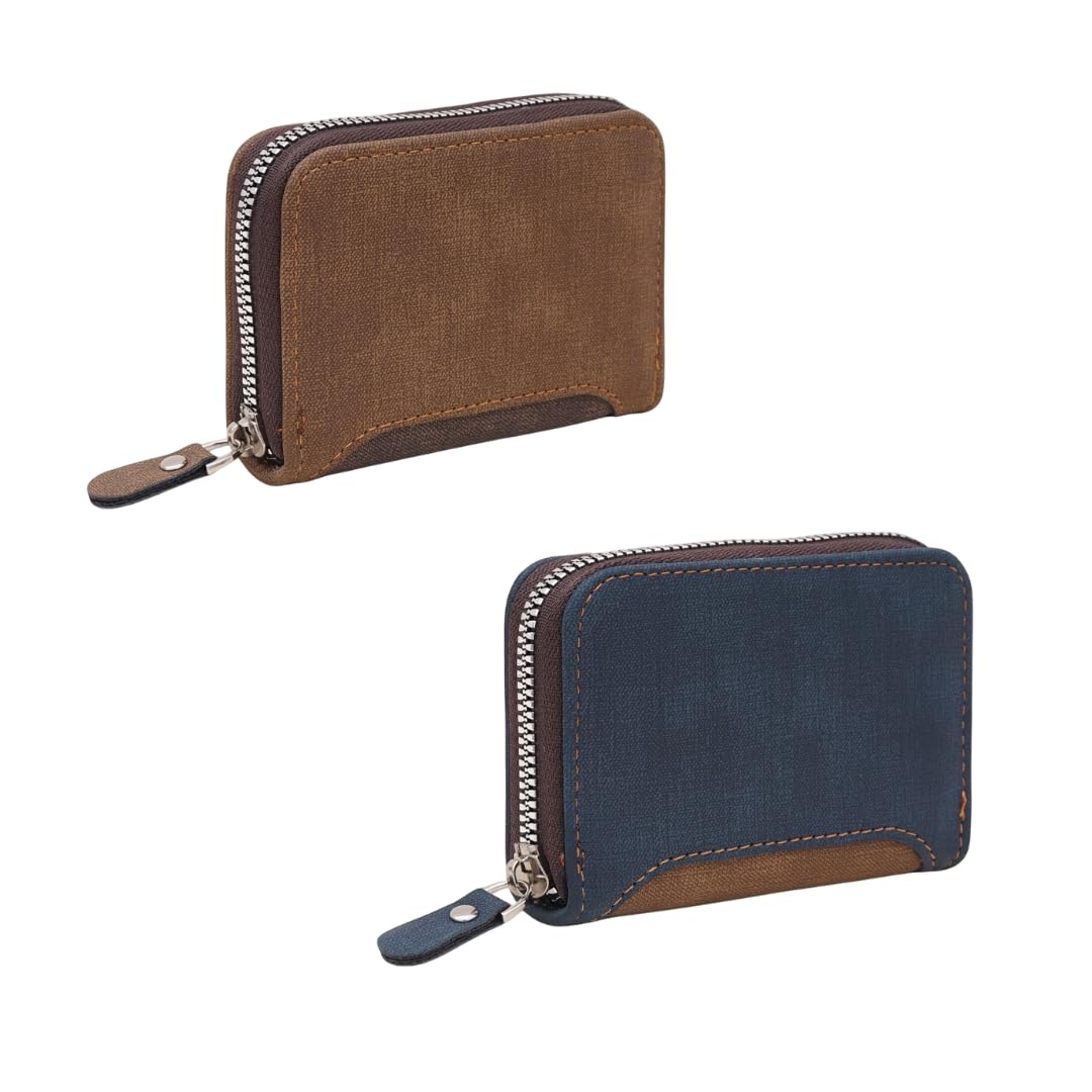PU Leather Card Holder Wallet Combo | 9 Card Slots | 2 Cash Compartments | Zipper Closure –Easy to Carry Card Wallet for Men & Women-(Blue & Tan- Pack of 2)-image-7