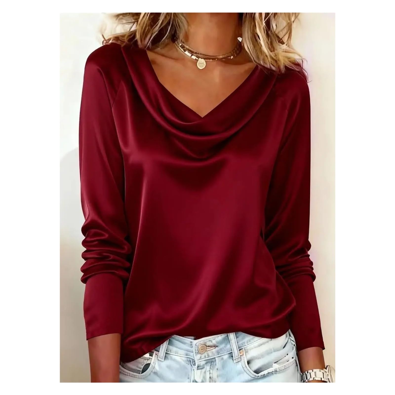 Blusa Lisa De Manga Larga con Cuello Vuelto De Satén