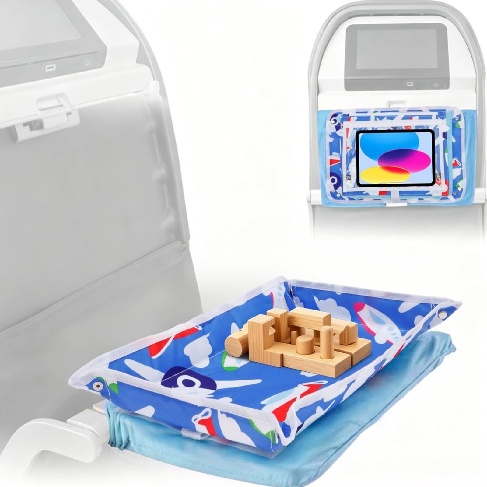Kids Tray Table Cover, Foldable Airplane Travel Tray Cover with Clear Pocket, Universal Airplane Must Haves Travel Essential for Plane, Train, High Chair. (B)