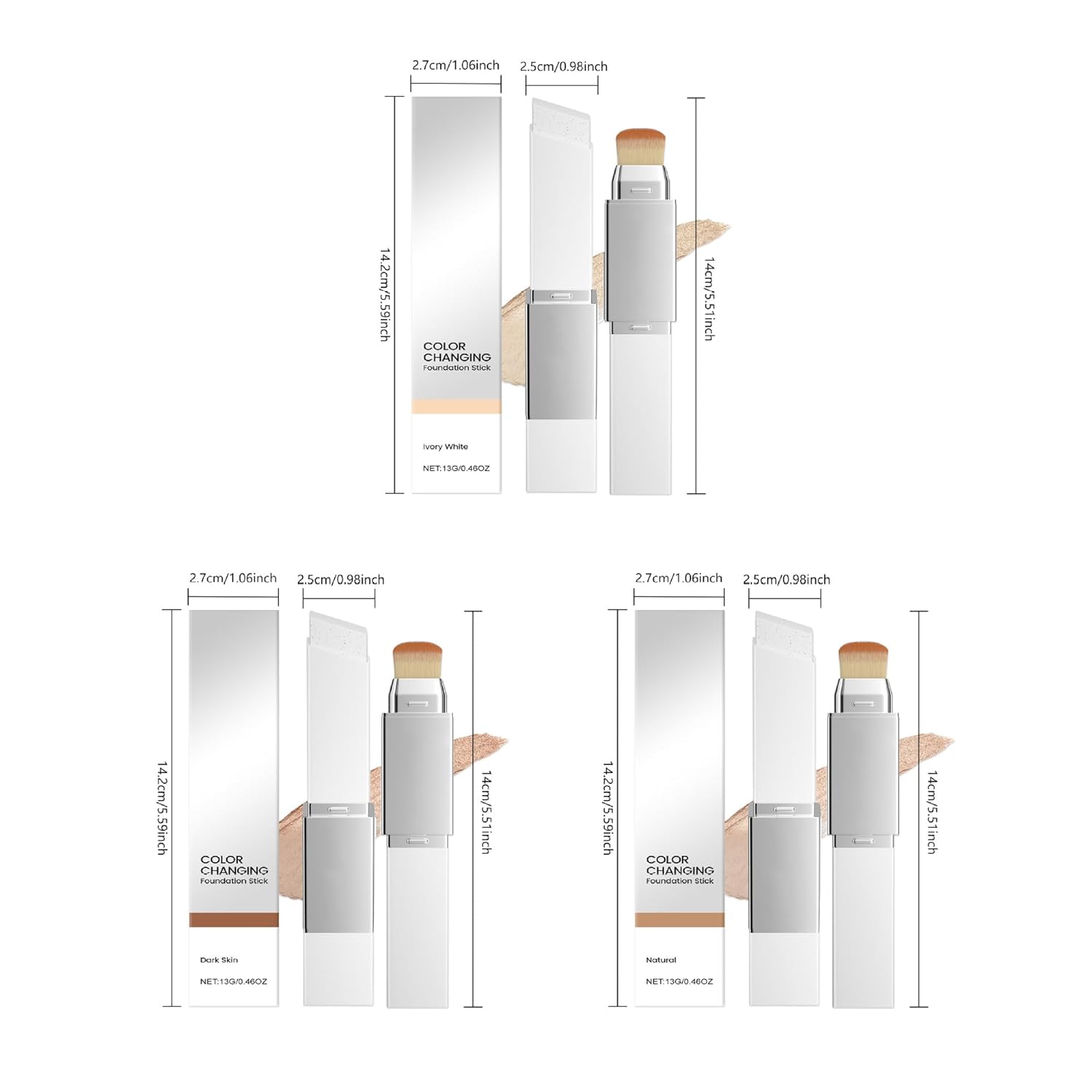 Tryskintle Foundation, 2 In 1 Color-Changing Foundation Stick With Brush, Medium To Full Coverage Makeup, Adapts To Skin Tone, All Skin Types Foundation For Women (Ivory white+Natural color)
