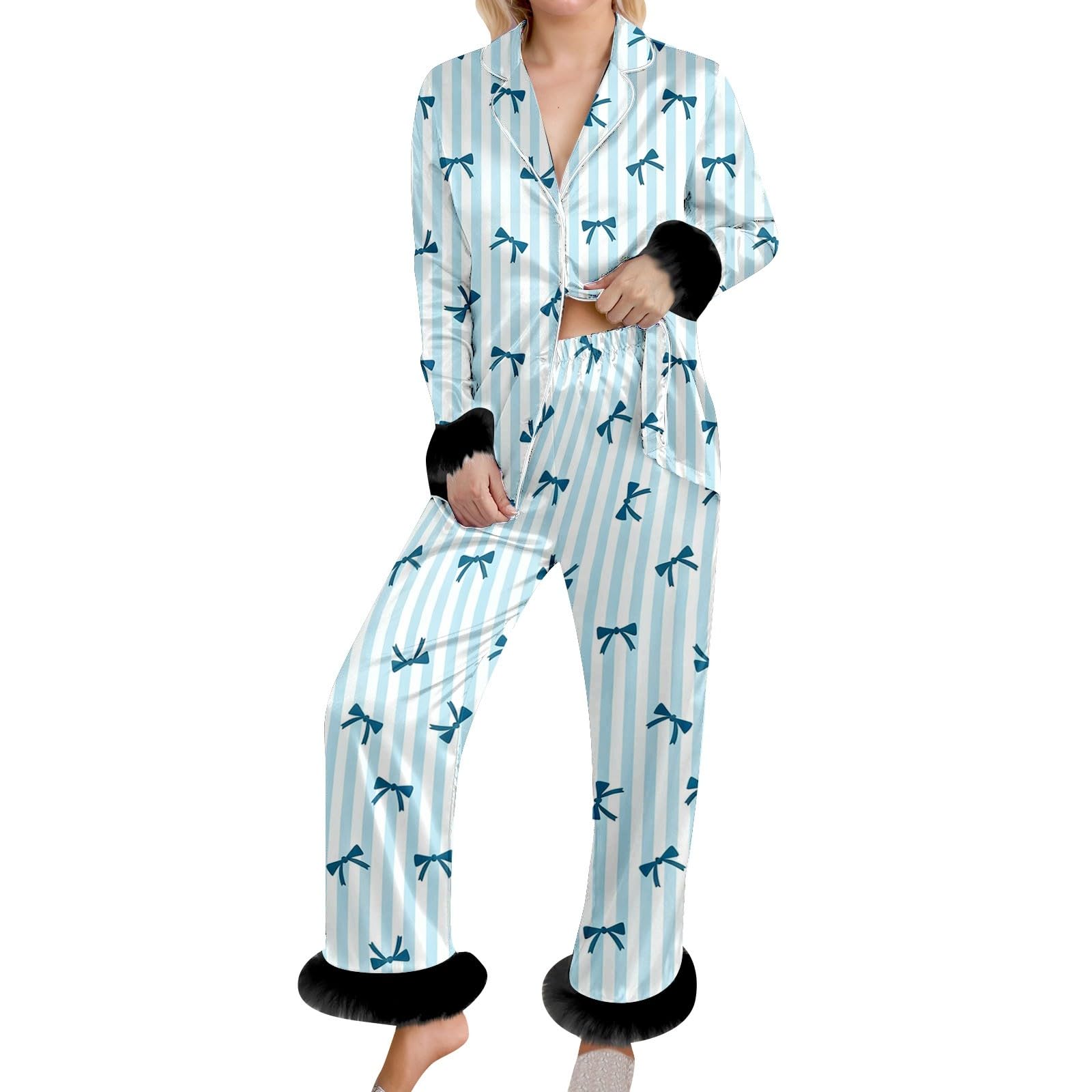 Pigiama da donna in raso, con stampa a maniche lunghe, camicia e pantaloni, due pezzi, con piume, casual, comfort, abbigliamento da casa, aperto sul davanti, tuta da notte comoda con orlo in piuma