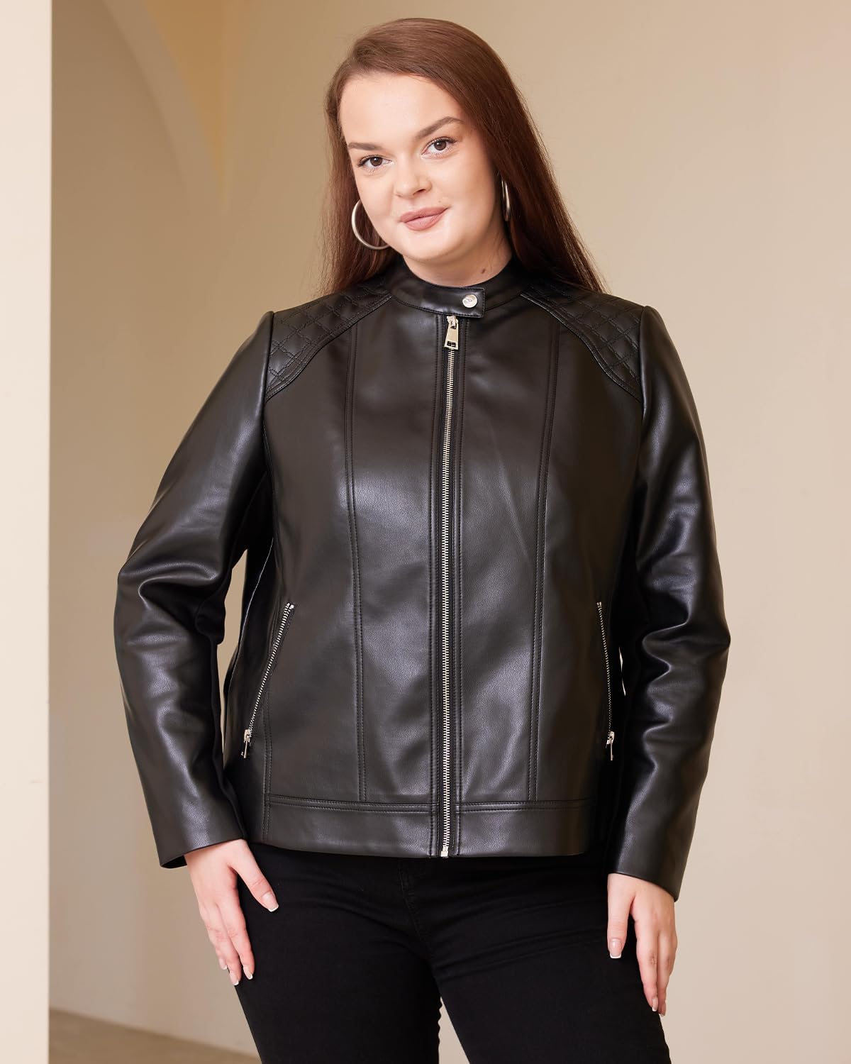 Women Plus Size Faux Leather Jacket PU Motorcycle Biker Coat with Quilted - Image 2