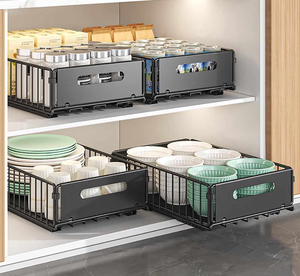 YunNasi Pull Out Cabinet Organizer Slide Out Drawer Storage Shelves Cupboard Organiser Sliding Cabinet Basket for Kitchen with Silent Slide No Drilling and Nailing (Black, 4Piece 38Dx25Wx10H CM)