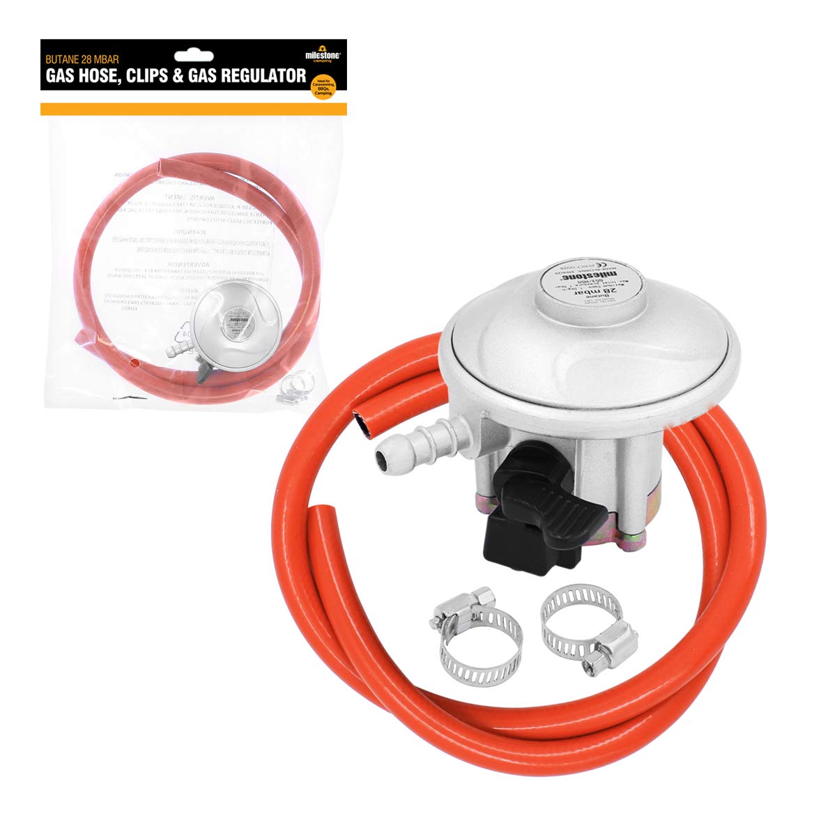 Milestone Camping 20489 Butane 21mm Gas Regulator with Hose and Clips, 28 Mbar, Orange