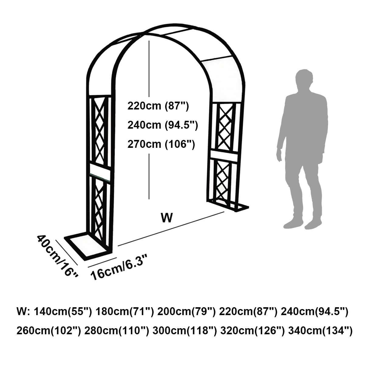 Metalowy łuk ogrodowy w kratę, altanka, do pnących winorośli i roślin, na zewnątrz, dekoracja ślubna, pergola, łuk z podstawą, kolor zielony, 300 x 240 x 40 cm, elegancki design