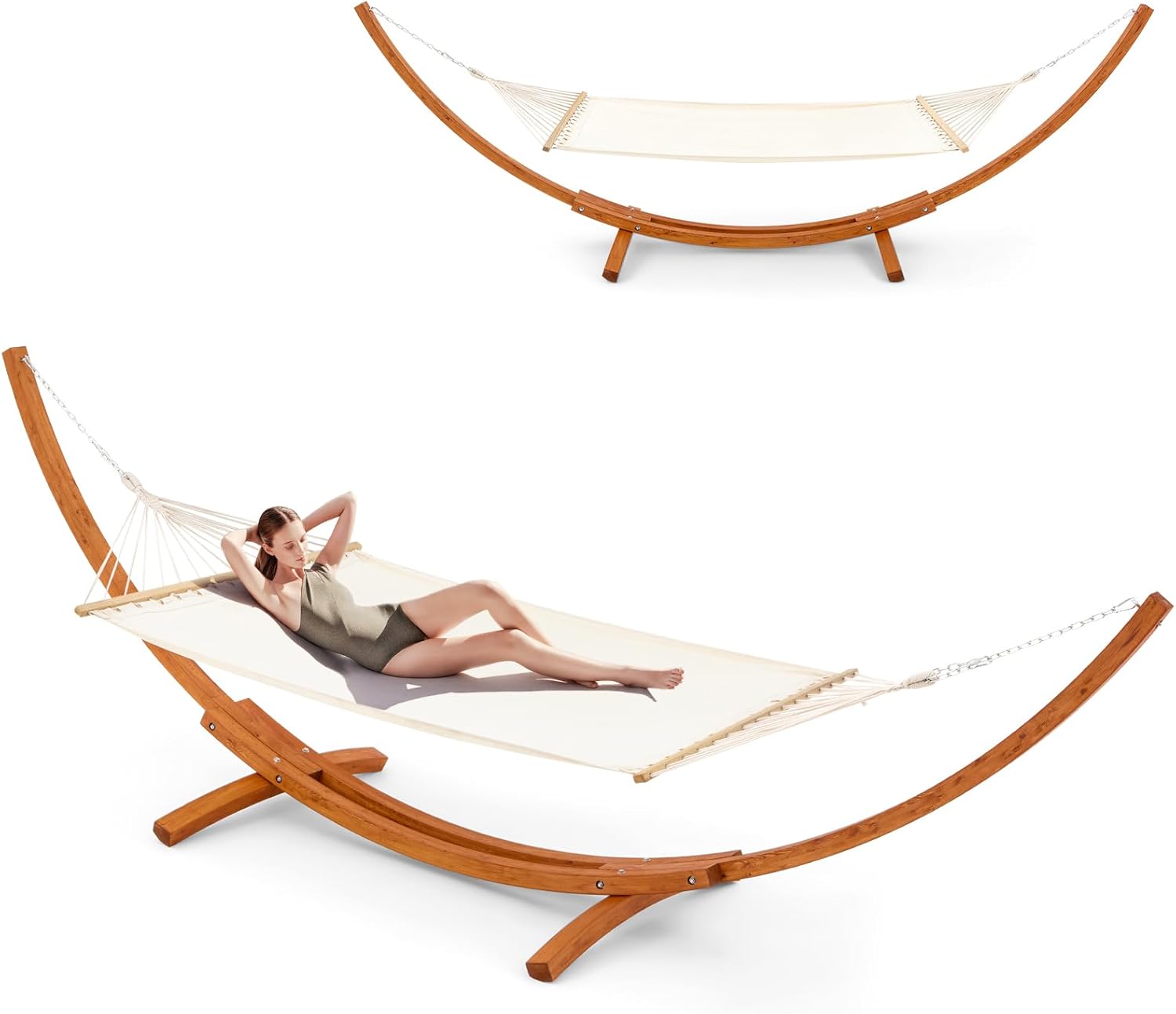 ECOTOUGE 12 FT Wooden Hammock with Stand for Single Person, Weather-Resistant, Certified Sustainable Hammock Bed for Backyard, Balcony, Porch(White)