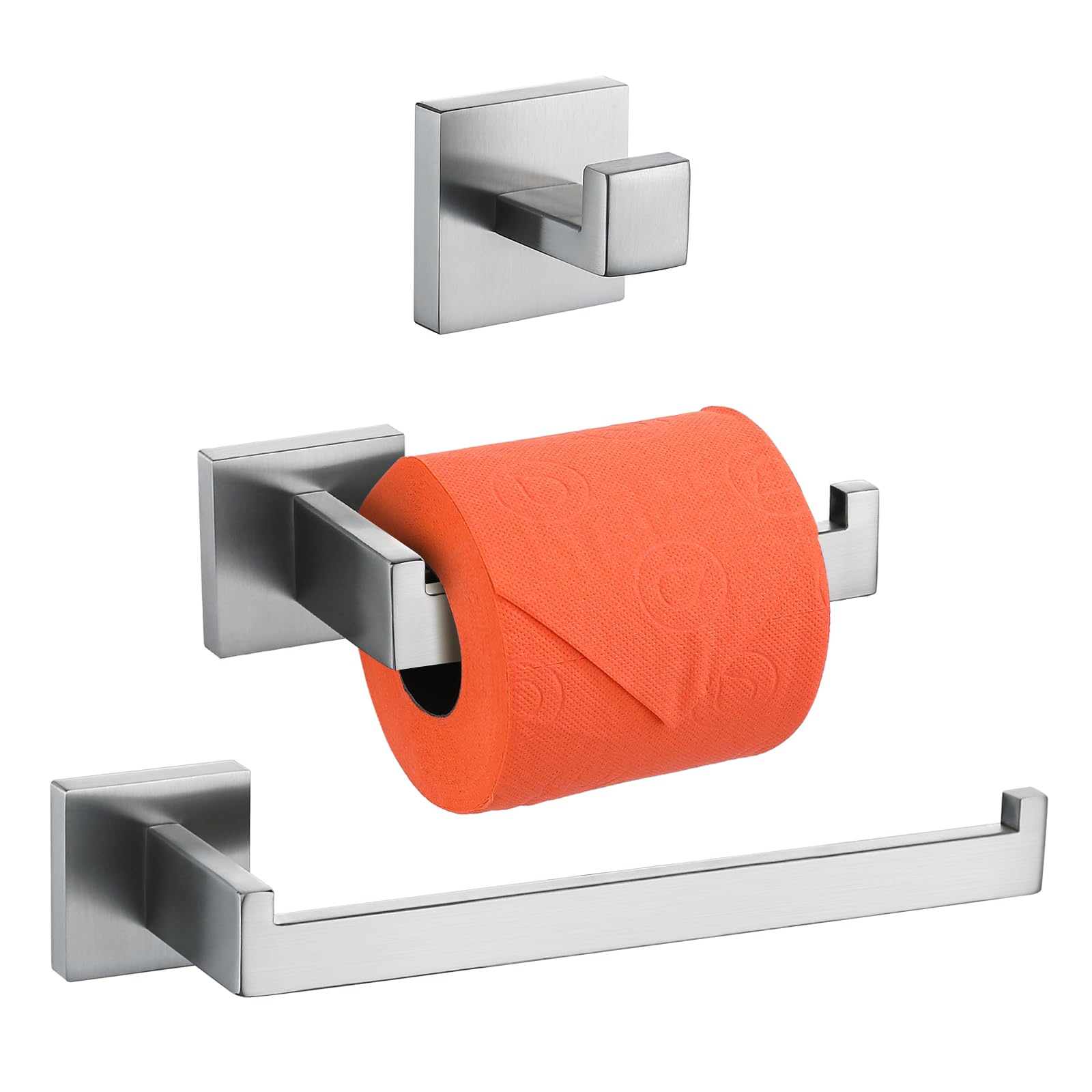 TURS 3 Pieces Brushed bathroom Accessory Set, Toilet Roll Holder and Towel Rail, Metal Towel Bar Robe Hook,SUS 304 Stainless Steel Wall Mount