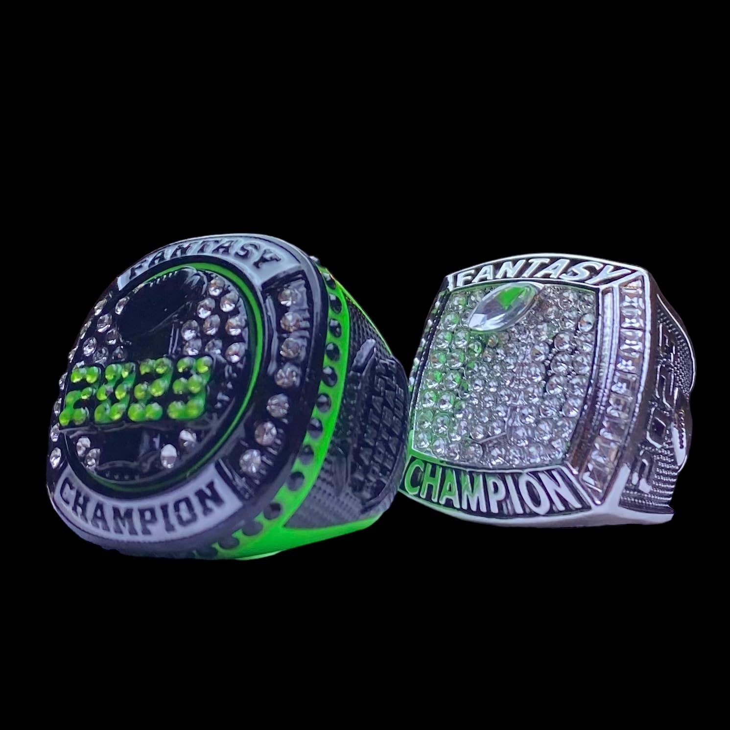 Set of two 2023 Fantasy Football Championship trophy ring | Silver Tone, and Neon Green and Black | Mixed Size