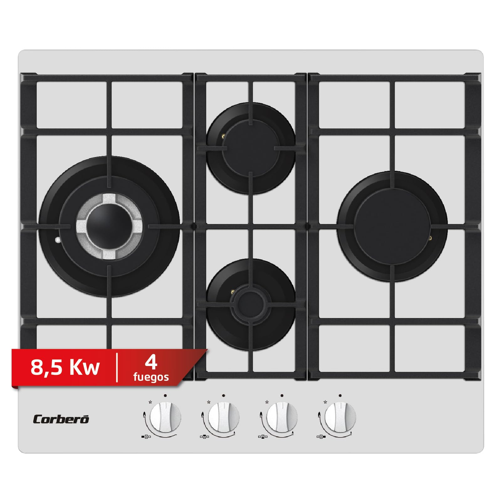 Corberó - szklana płyta gazowa LUX | CPCGM4F4126W | 4 strefy | moc 8,05 kW | samozapłon | strefa WOK | warstwa ochronna Clean + | automatyczne wyłączanie | białe szkło
