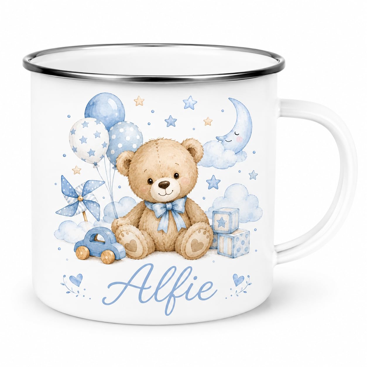 Personalised Children’s Enamel Mug – Toddler’s First Mug – Custom Kids Camping Mug – Cute Animal, Rainbow, Fairy & Princess Designs – Personalised Gift for Boys & Girls (Blue Bear Enamel Mug)