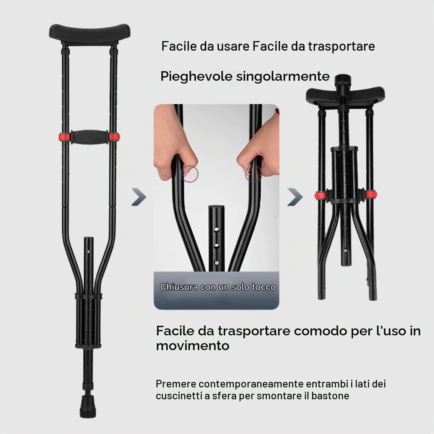 Stampelle Ascellari Pieghevole,Sottobraccio Stampelle,Bastone Universale In Alluminio,Con Imbottitura Morbida,Regolabile Da 98 a 158 Cm,Ausiliario Per Persone Con Difficoltà Motorie(Coppia,Nero)