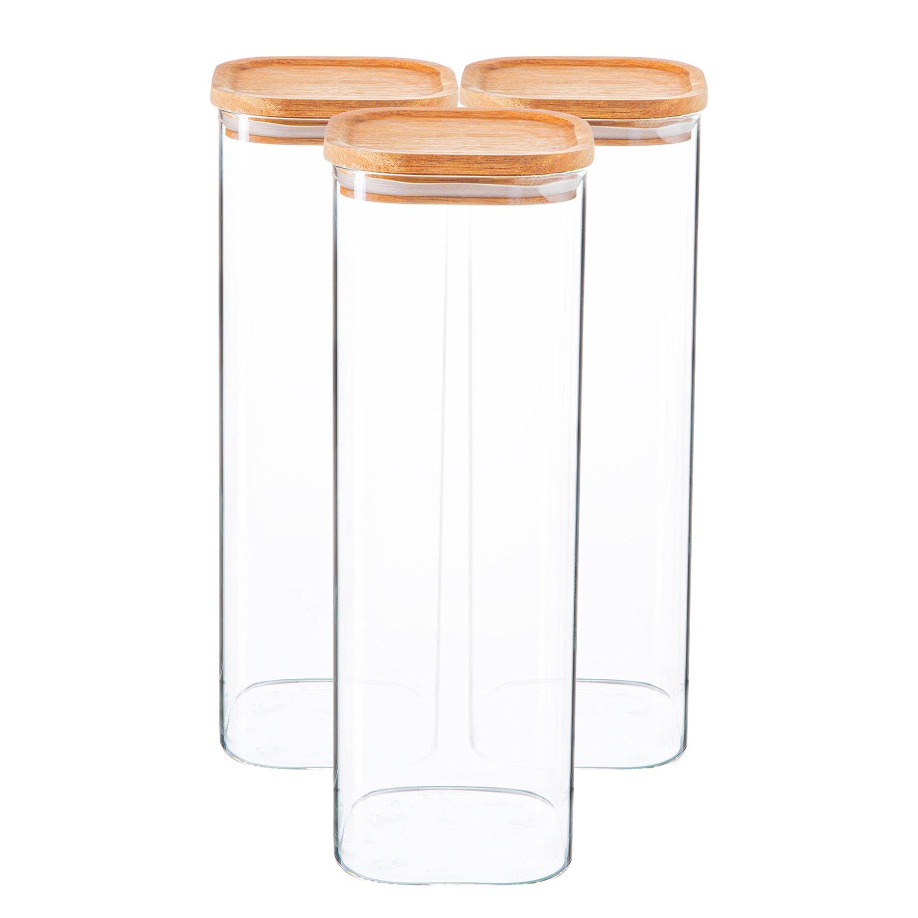 Argon Tableware Bonnet de Rangement en Verre carré avec couvercles en Bois - Cuisinière de Cuisine Moderne Cuisinière - 2,2 litres - Pack de 3