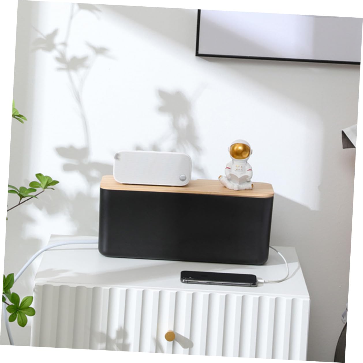 POPETPOP Kabelbox mit Bambusdeckel Kunststoff Kabel Organizer Aufbewahrungsbox Kabelhalter für Ladegerät Stromkabel Wandmontage Kabelmanagement Schwarz