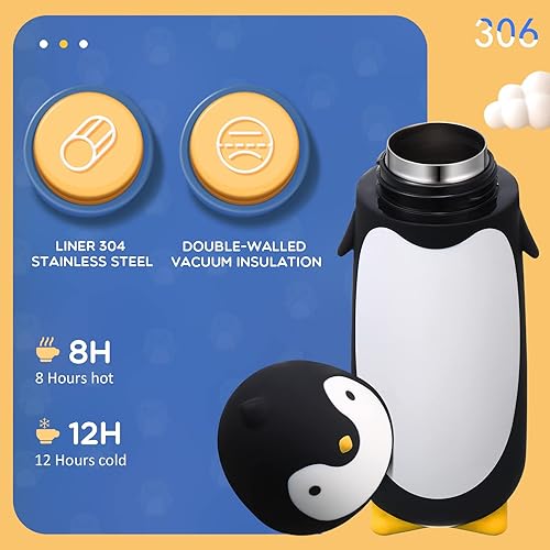 Miniatura 3 de 2 botellas de agua de pingüino de 9.5 onzas de acero inoxidable con dibujos animados de pingüinos, taza de viaje divertida aislada al vacío, taza de