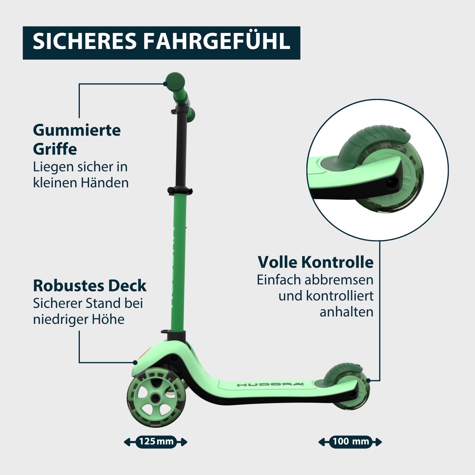 HUDORA Tri‑Scooter mit LED‑Rädern – 3‑Rad Scooter mit höhenverstellbarem Lenker – breitem Hinterrad, ABEC‑7 Kugellager, rutschfestem Deck & Hinterradbremse – Outdoor Tretroller für Kinder
