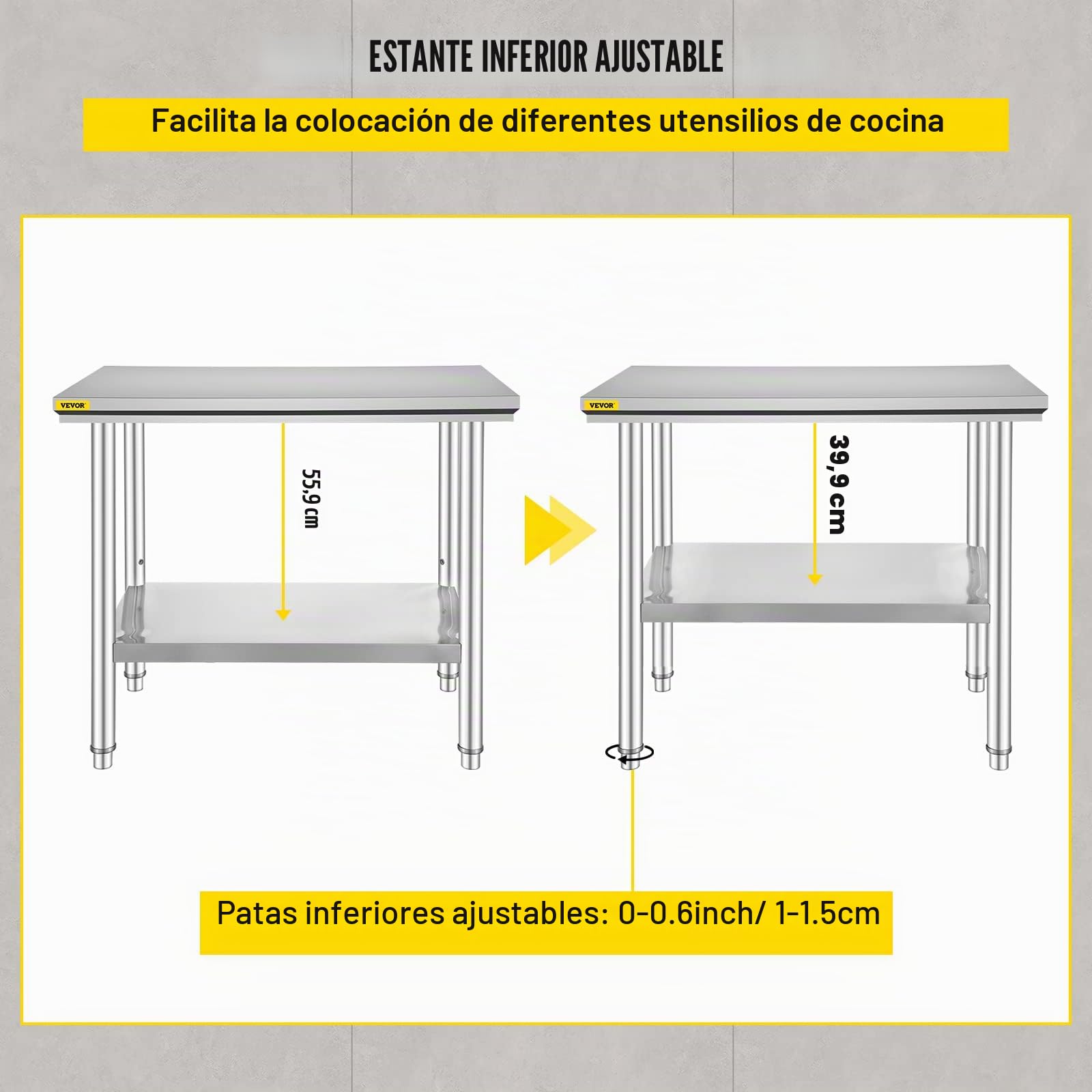 VEVOR Mesa de Trabajo Cocina INOX, Encimera de Trabajo Cocina en 2 Plantas, Mesa de Trabajo de Acero Inoxidable para Preparación de Cocina de Alimentos de Comidas Hoteles Oficinas Hospitales