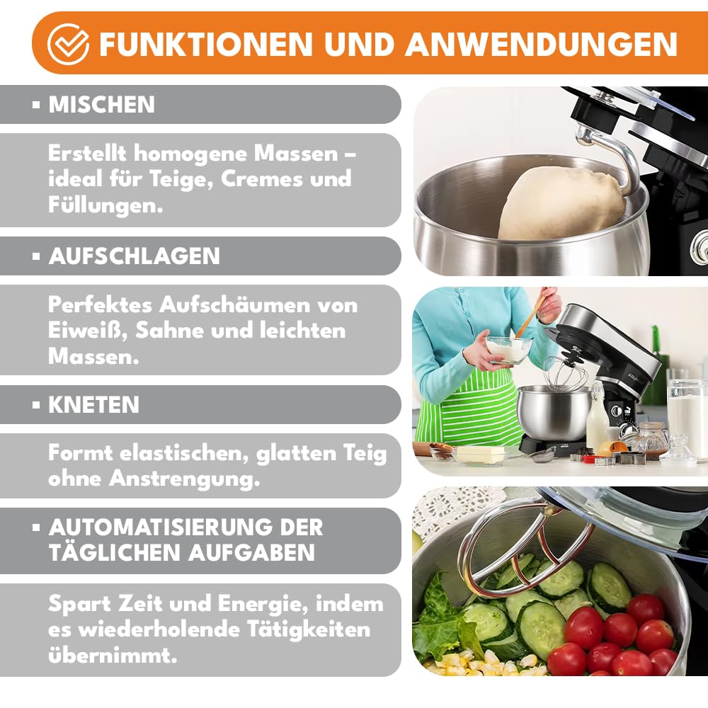 KRUMAD Küchenmaschine 2000W – Teigknetmaschine mit 3L Edelstahlschüssel & 6 Geschwindigkeiten – Rührmaschine mit Knethaken, Schneebesen & Flachrührer – Leistungsstarker Mixer für Küche