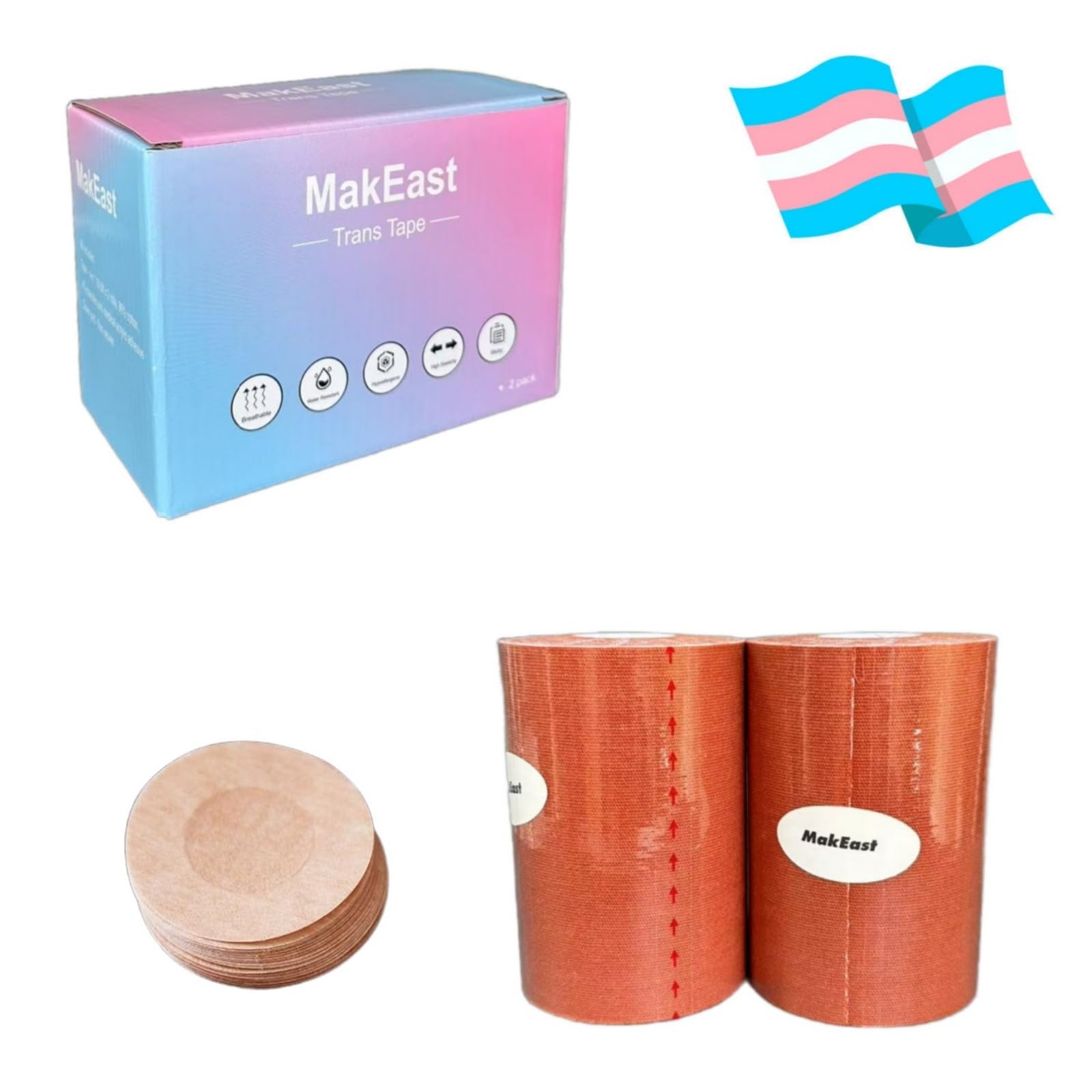 2 Rolls Trans Tape for Transitioning Extra Wide Chest Binding Tape Latex Free FTM Chest Binder with Nipple Covers Ultra Sticky Waterproof & Flexible 4 in X 16.5 ft (): Tan