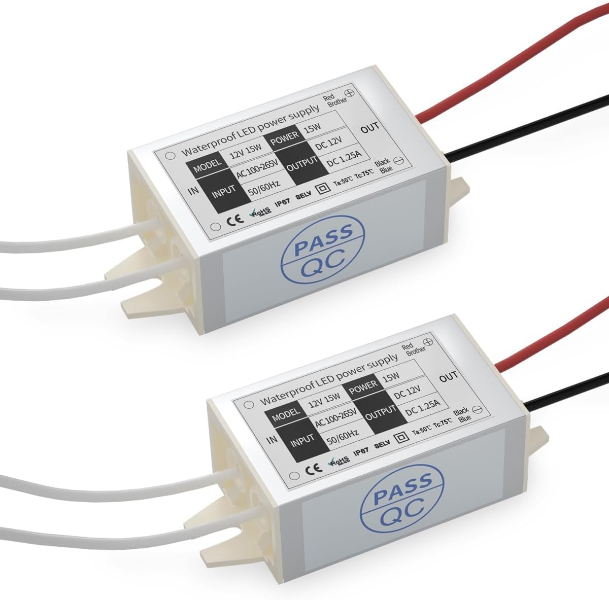 Lustaled DC 12V LED Power Supply Driver Transformer - 15W Waterproof IP67 120VAC to 12V DC Converter Constant Voltage LED Switching Power Supply for LED Strip Lights, G4 MR11 MR16 LED Display (2-Pack)