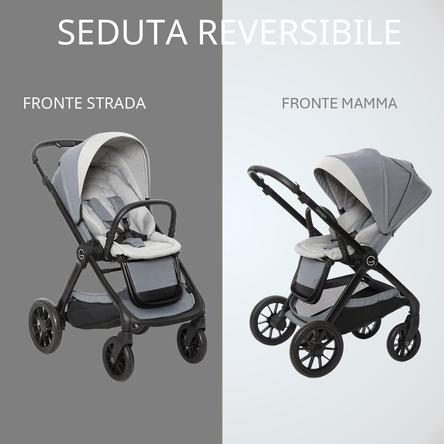 Giordani Trio Sistema Modulare G-Comfort, Passeggino Chiusura Automatica Fronte Mamma Strada 0-22kg, Navicella e Seggiolino Auto con Tasti Memory, Ruote Ammortizzate
