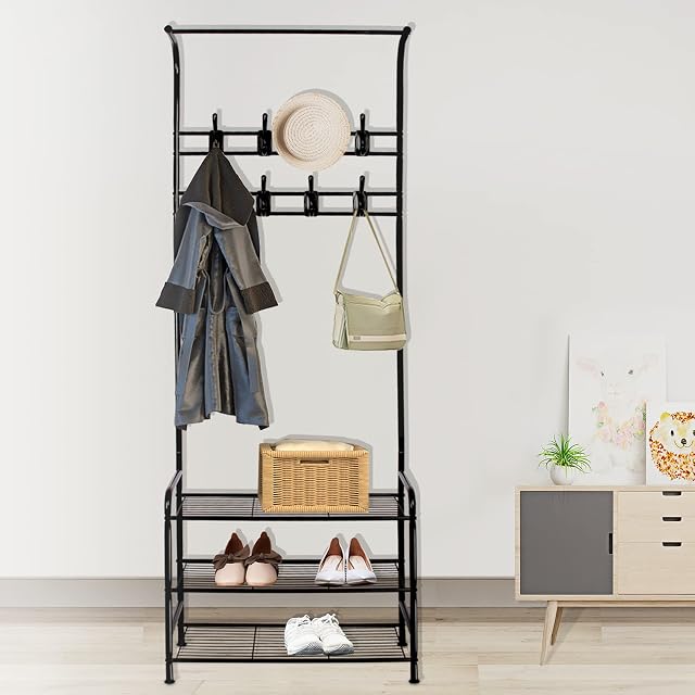 Innotic Coat Rack Stand with Shoe Rack and Removable 16 Hooks Free Standing Hall Tree Matte Steel Frame Hat Rack Coat Stand for Storage, Black