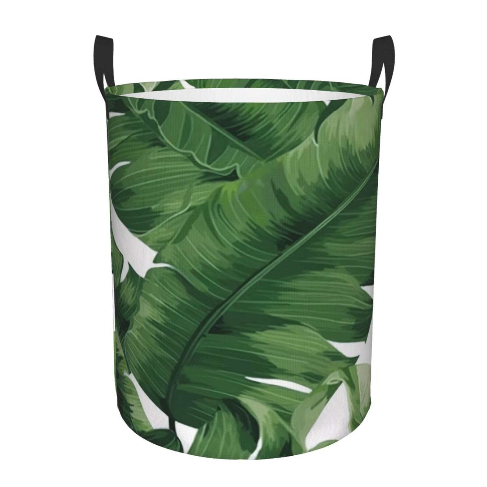 Xdhffjuck Black Circular Laundry Basket | Cute Green Palm Leaves | Foldable Laundry Hamper, Waterproof Oxford Cloth Dirty Laundry Basket With Handles, Toy Storage Basket For Bedroom, Bathroom, Office, College Dorms