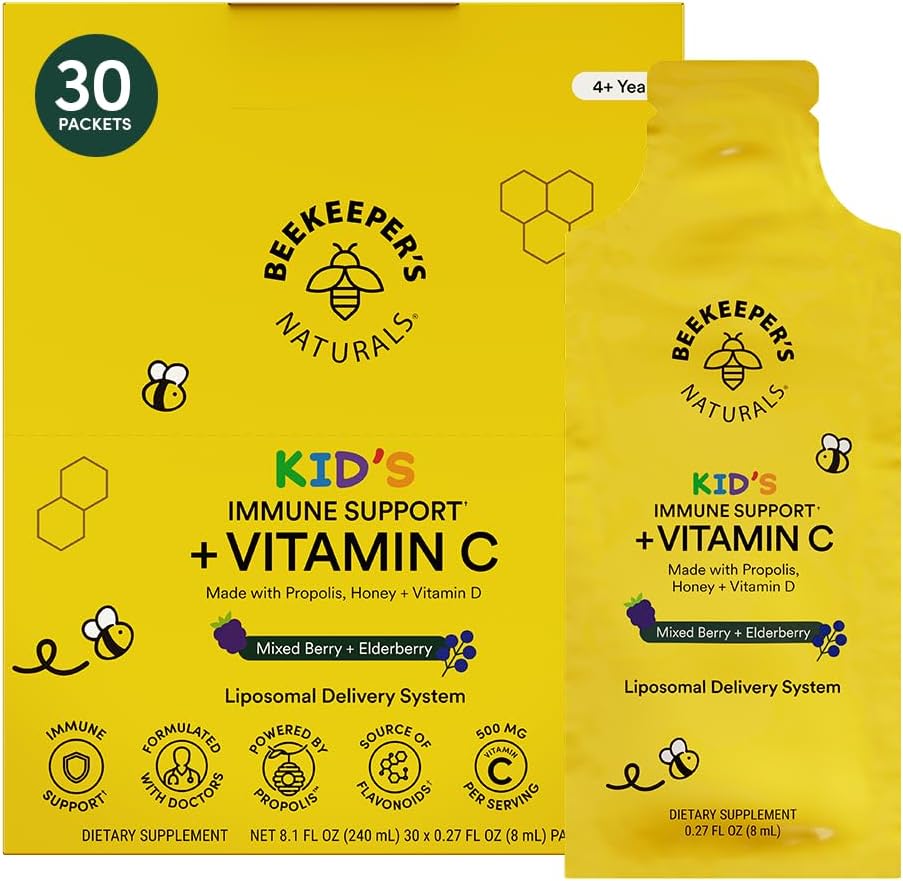 Kid's Immune Liposomal Vitamin C, 500 mg Vitamin C, Elderberry, Vitamin D, Propolis & Honey, Kid-Friendly Immune Support - Mixed Berry Flavor, Easy to Use, Bioavailable, 30 Ct