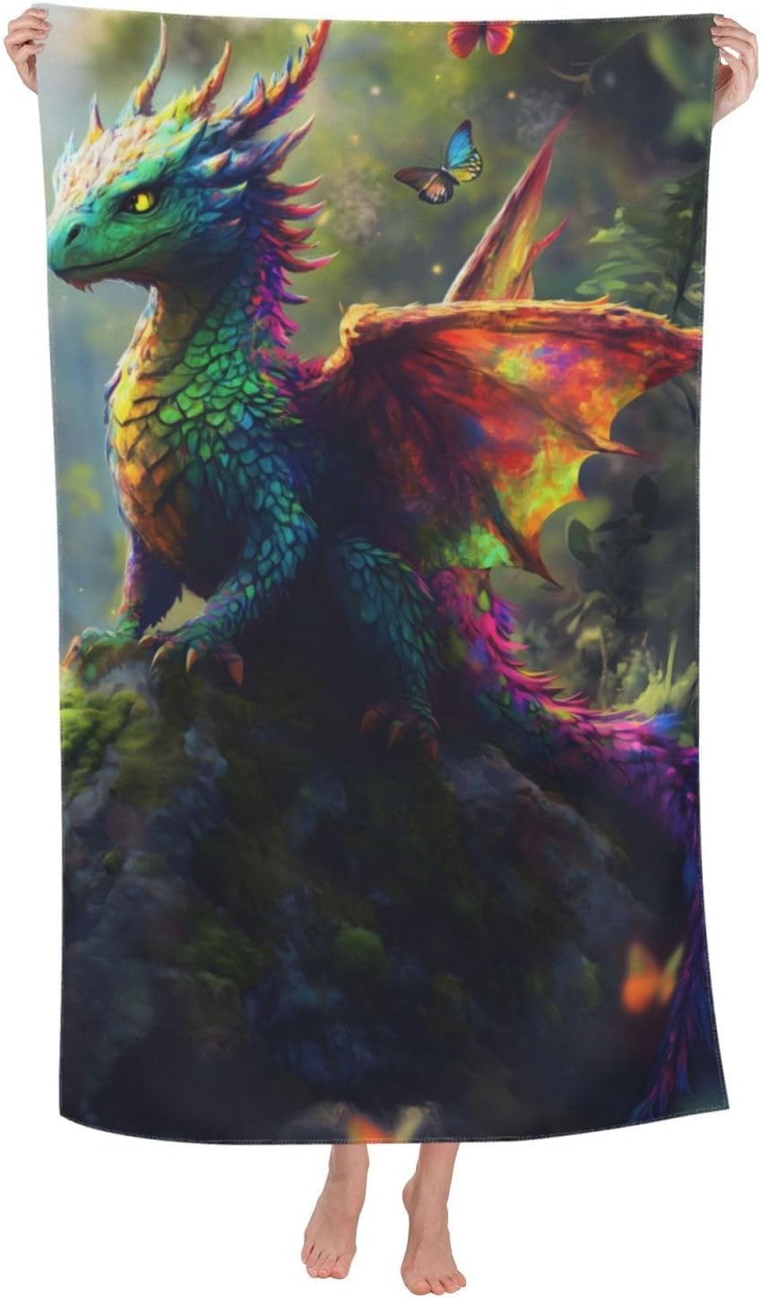 Fantasy Dragon Beach Towel, 31inx51in, Multicolor, Modern Pattern, 100% Cotton, Quick Dry, Absorbent, Lightweight, Portable, Fashionable