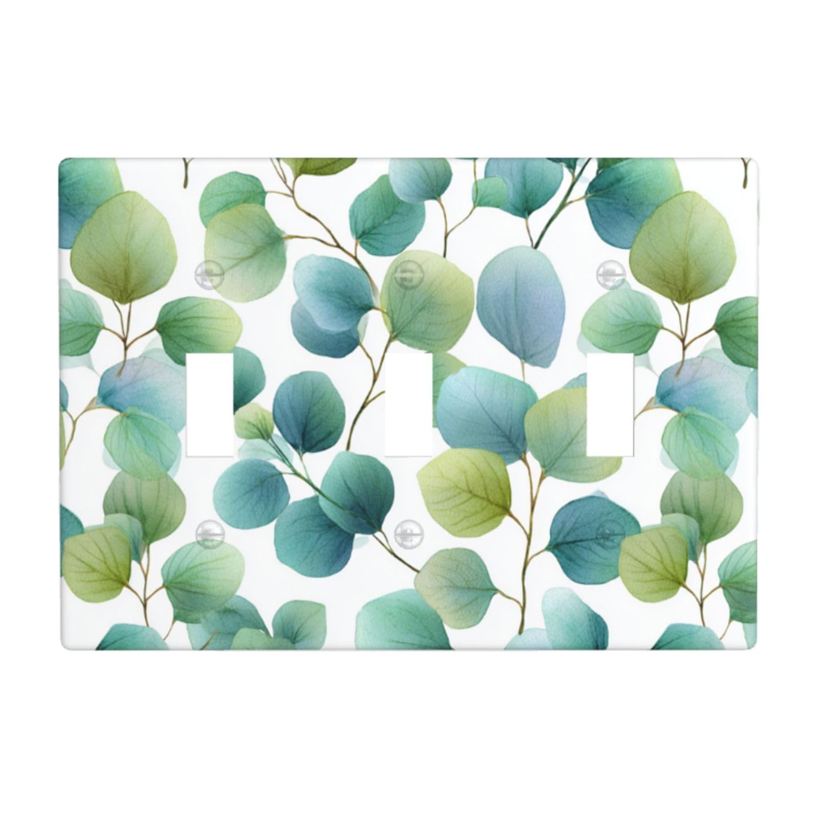 Woshuwo White Watercolor Eucalyptus Leaves Light Switch Covers 3 Gang Triple Toggle Wall Plate Switchplate Electrical Faceplate For Bathroom Kitchen Bedroom Decor