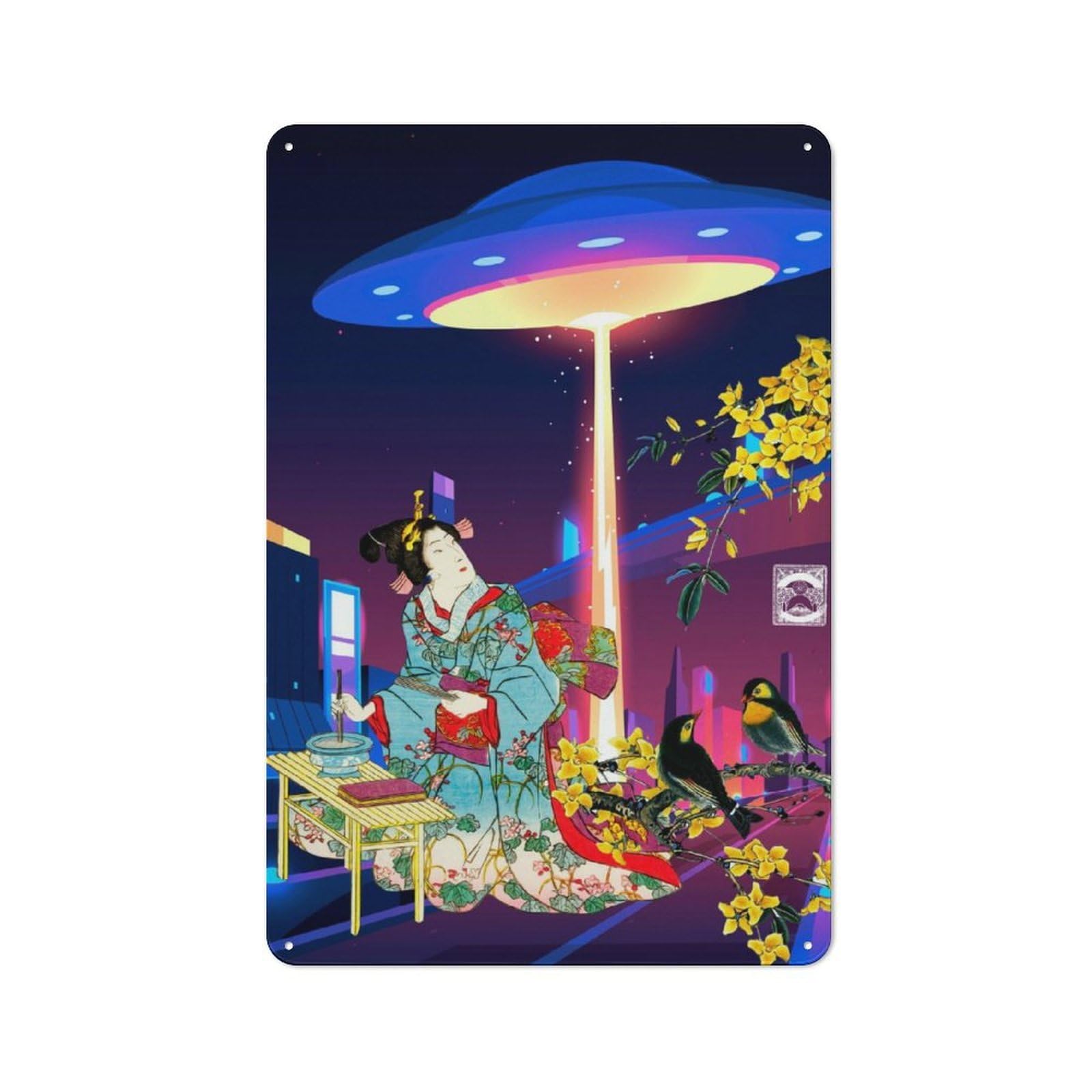 Junmoney Synthwave Ukiyoe 2 Metal Wall Sign 30X20cm Featuring For Workshop Wall, Suited To Metal Sign Collectors
