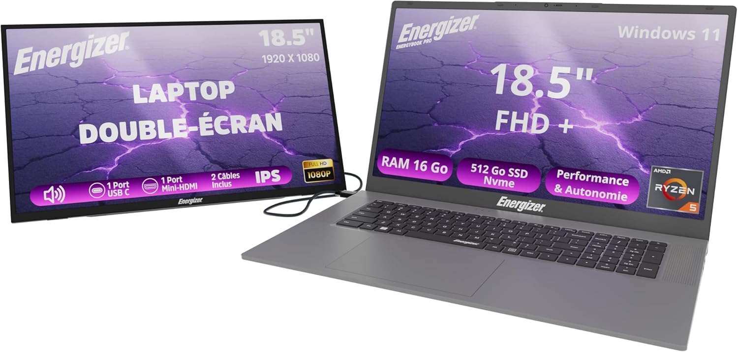 Energizer PackConfort Pro 18 Laptop 18,5" HD+ AMD Ryzen 5 3,7 GHz 16 GB RAM, 512 GB SSD Nvme Vega 8, Windows 11, AZERTY + Pantalla LCD Full HD 100Hz Pantalla dual de 18,5"