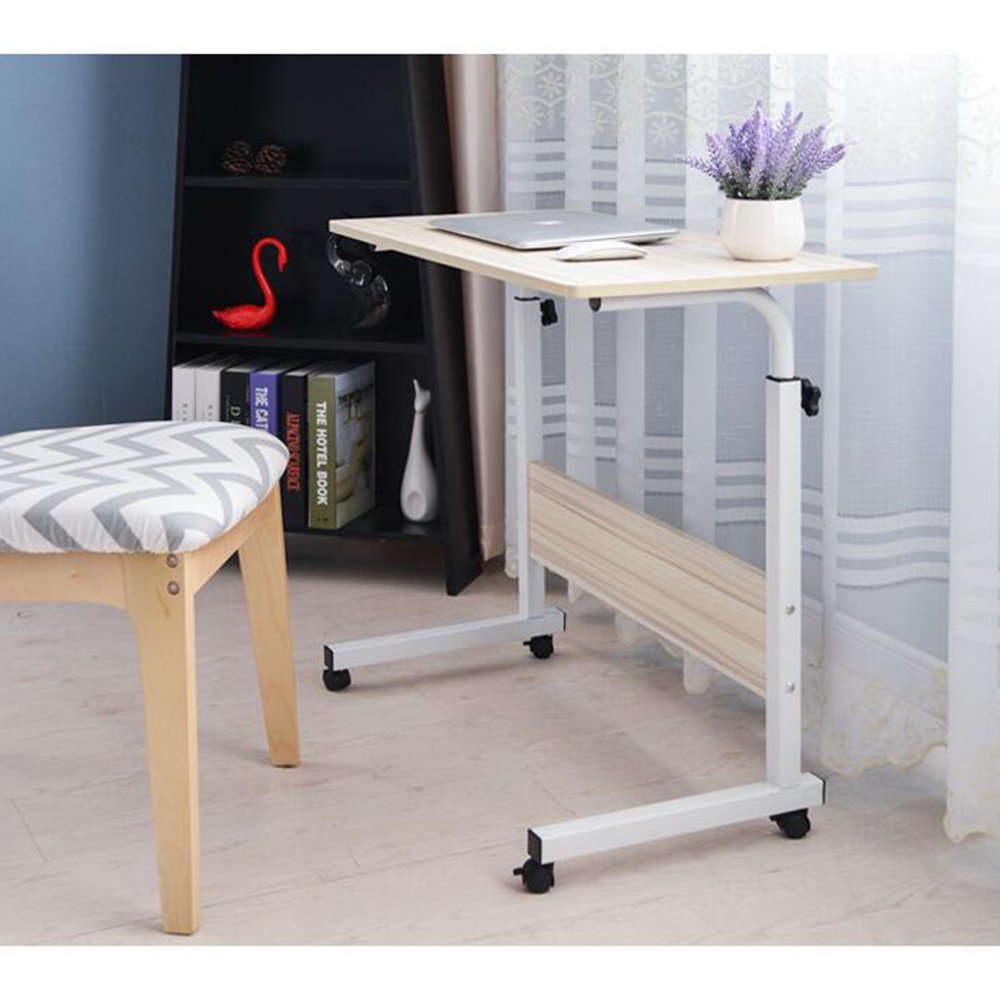 DlandHome Laptoptisch Höhenverstellbar mit Rollen 80 cm Betttisch Beistelltisch pflegetisch auf Rollen Computertische Mobiler Schreibtisch Laptop Ständer Tisch für krankenbett Büro Schlafzimmer Ahorn