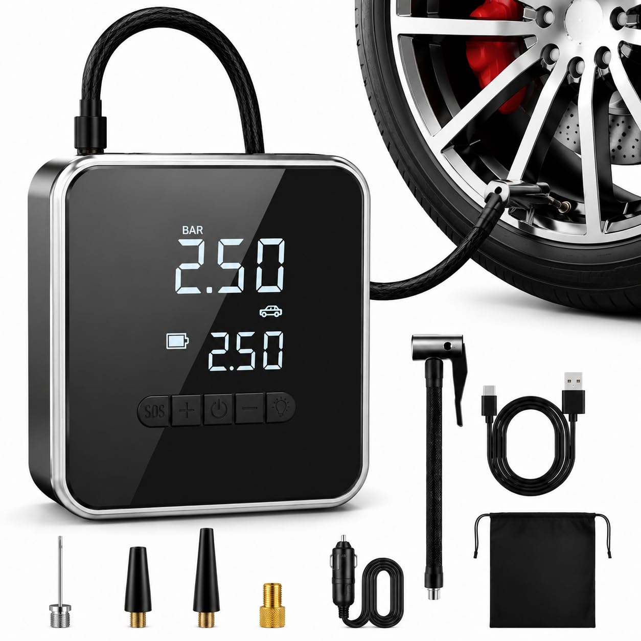 KinZon Gonfiatore Pneumatici Auto 150 PSI, Mini Compressore D'Aria Portatile Ricaricabile Senza Fili e 12 V, Spegnimento Automatico, Schermo Digitale, Lampada LED per Auto, Moto, Bicicletta