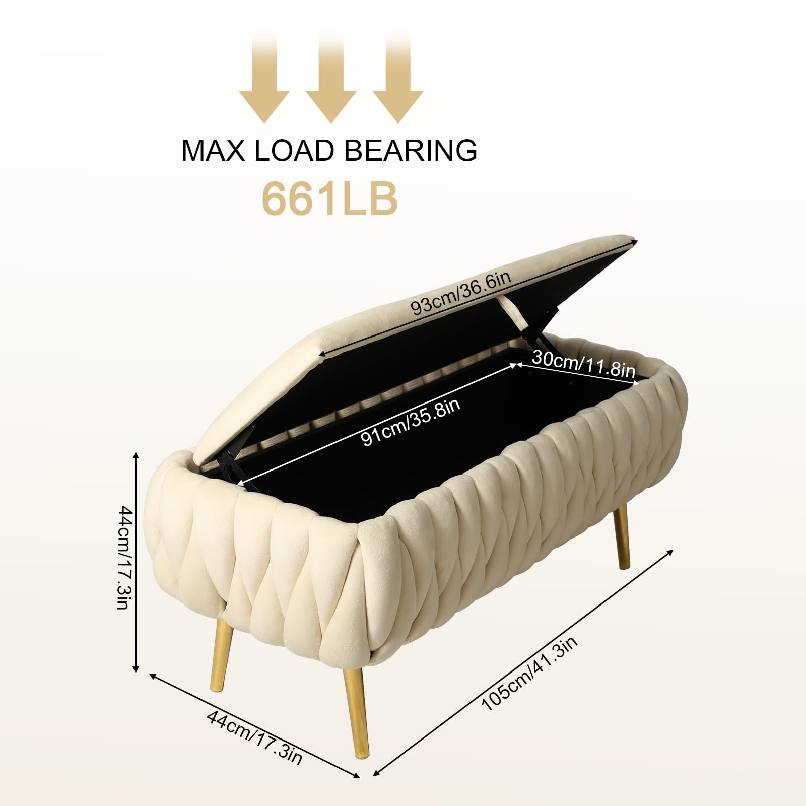 Banco Acolchado con Almacenaje, Banco Recibidor Entrada con Patas de Metal Doradas, Soporta 300 kg, Baul Pie de Cama Dormitorio para Sala, Dormitorio y Entrada 105 x 44 x 44 cm (Beige)