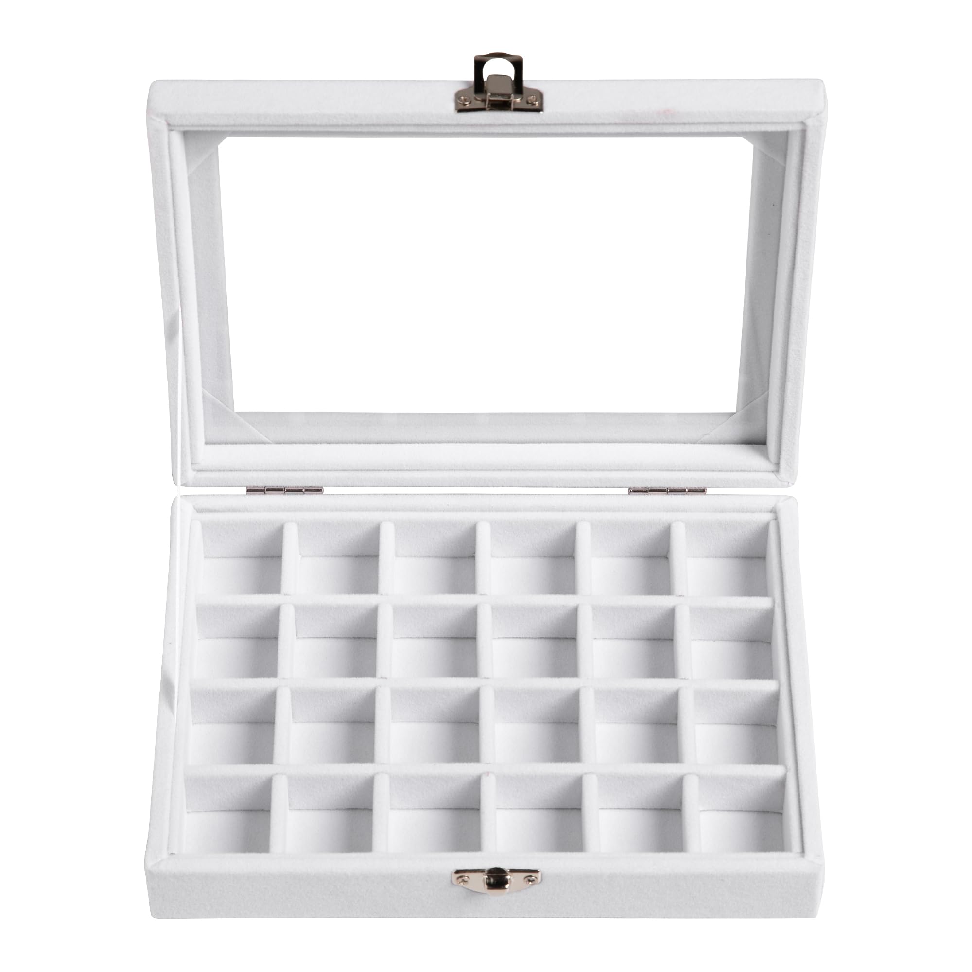 Frebeauty Bandeja de joyería de 24 rejillas, organizador de aretes de terciopelo, organizador de joyas pequeño con tapa transparente, organizador de aretes con cerradura, cajas de joyería y soporte