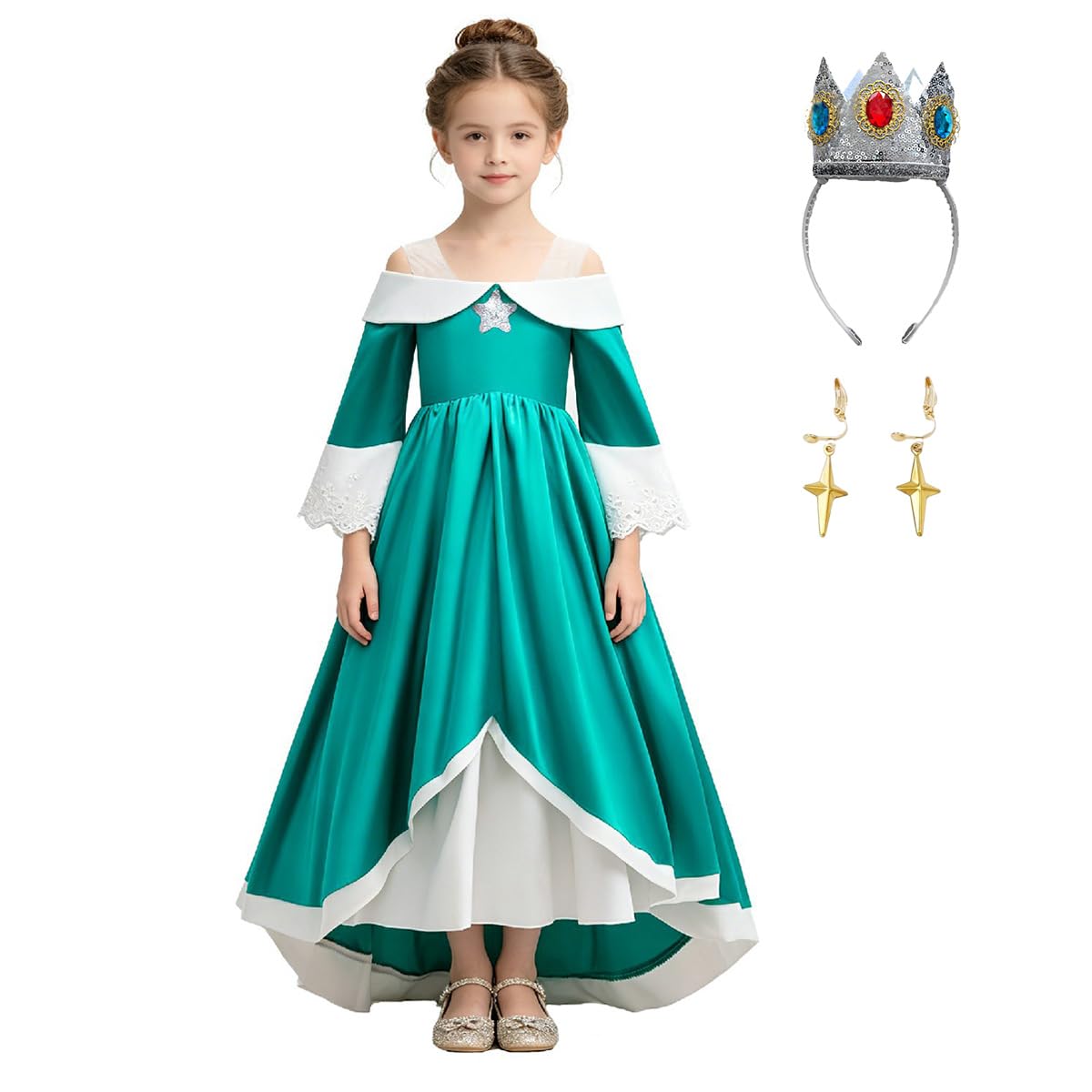Kids Princess Rosalina Dress Girls Off Shoulder Fancy Dress Outifts 4-12 Years (UK, Age, 11 Years, 12 Years, Green 1)
