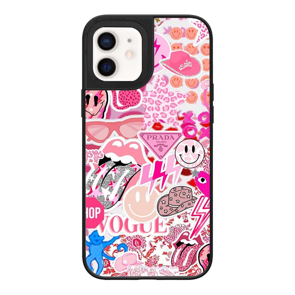 Ehreus Case for iPhone 12/12 Pro, Trendy Aesthetic Preppy Sticker Collage Pattern Print, Glossy Hard PC Back Soft TPU Bumper, Slim Shockproof